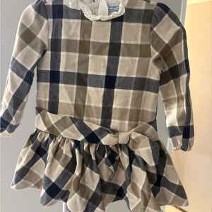 Mayoral Plaid Long-Sleeve Dress in Navy, Beige and Cream with Waist Bow